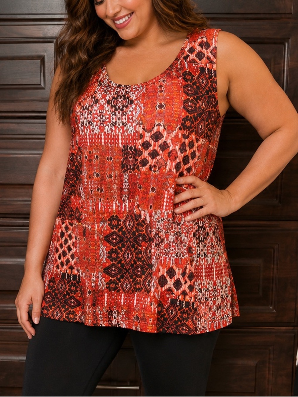 Women's Red Patchwork Print Sleeveless Top 3X